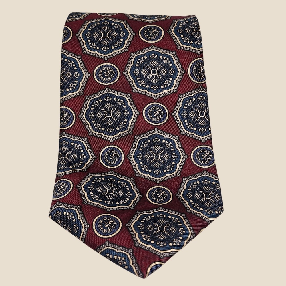 Vintage Necktie John Norman Burgundy 100% Silk Medallion Geometric